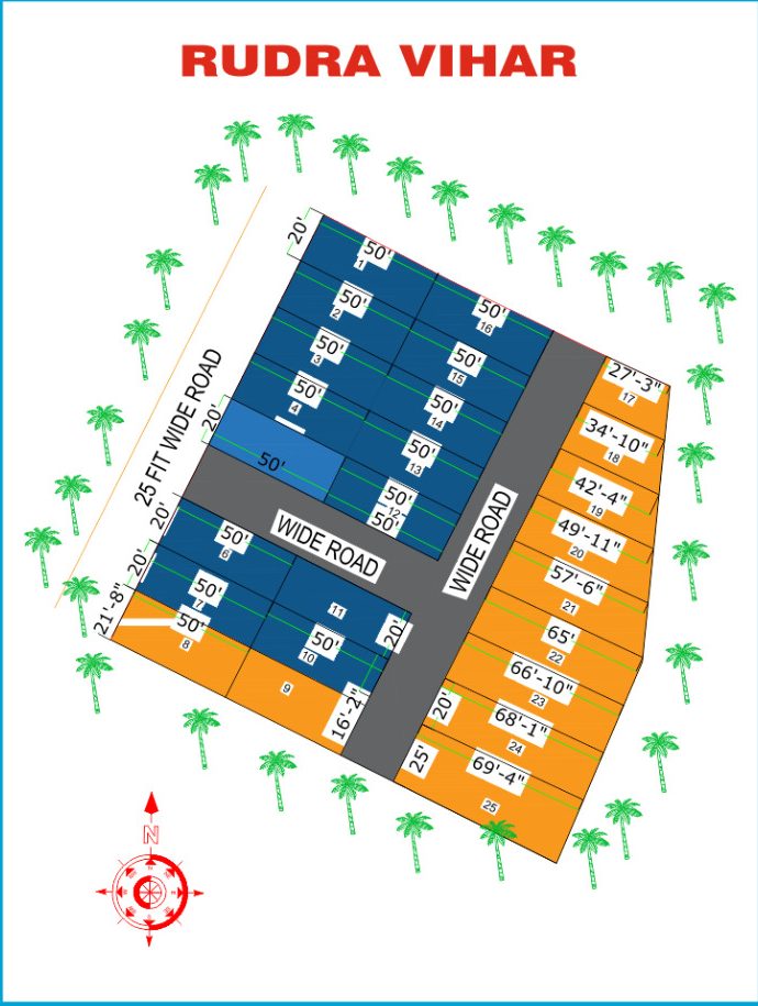 Rudra Vihar layout plan with 25 plots, a 25 feet approach road and wide internal roads
